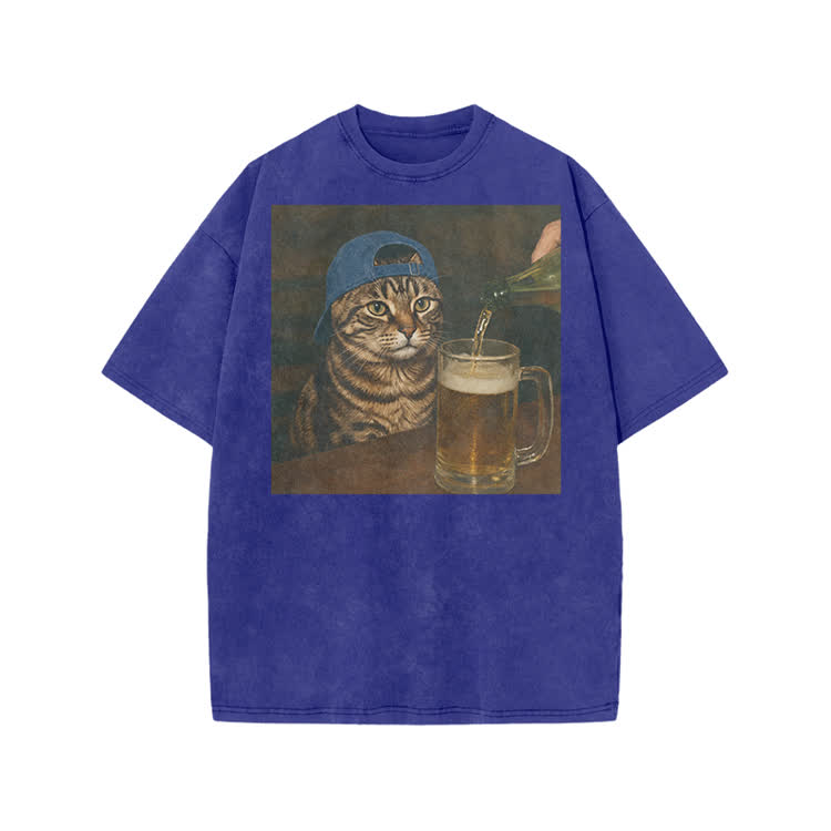 Vintage Beer Cat Graphic Print Acid Washed T-shirt