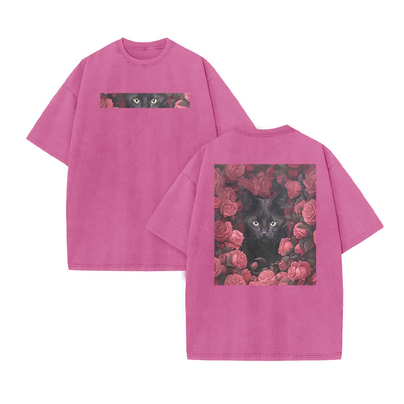 A Black Cat Hidden Among Clusters Of Magenta Roses Print Acid Washed T-shirt
