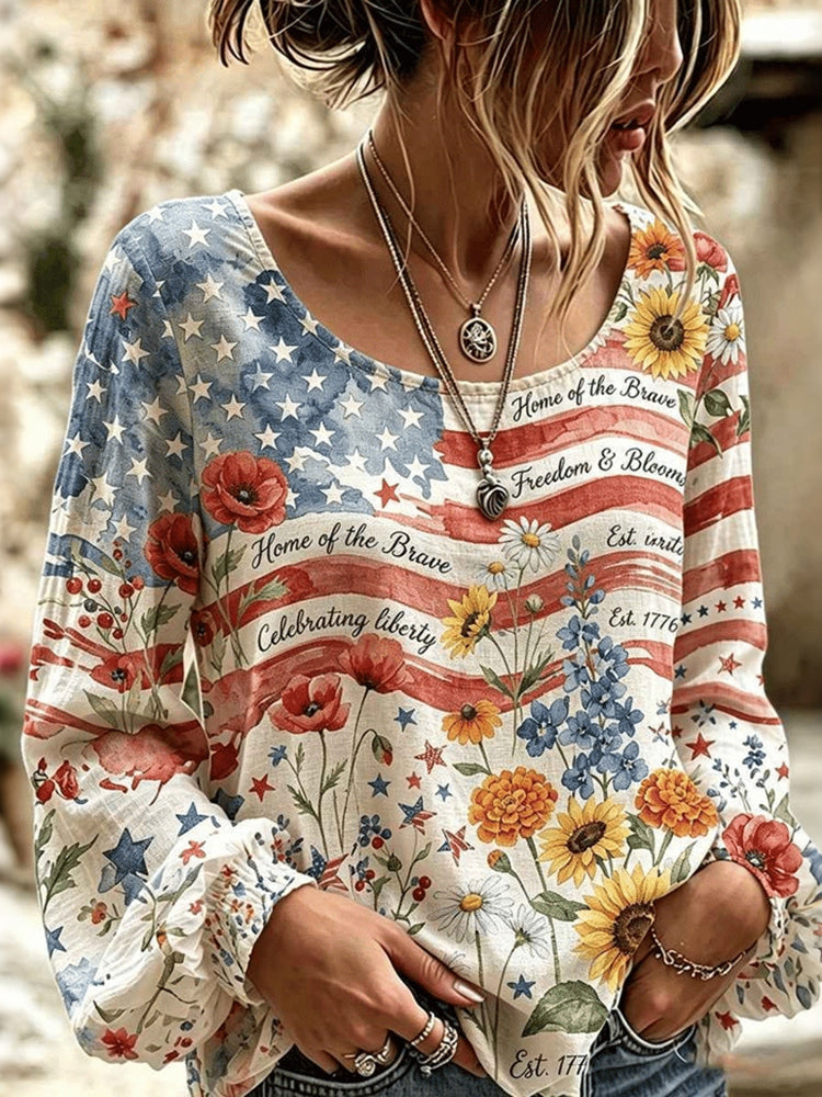 Women's Retro Independence Day Flag Flower Print Crew Neck Long Sleeve T-shirt