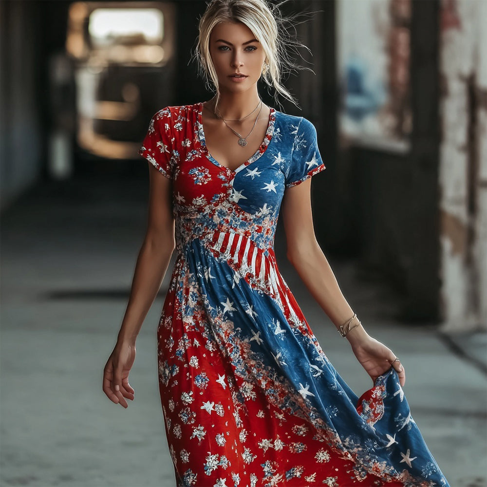 Vintage Floral American Flag Inspired V Neck Flowy Linen Maxi Dress