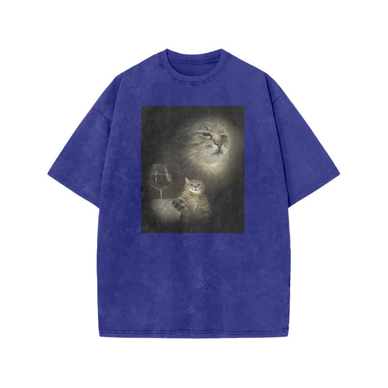 Unisex Cat And Wine Print Acid Washed T-shirt