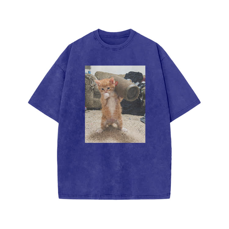 Playful Orange Cat Photo Graphic Print Acid Washed T-Shirt