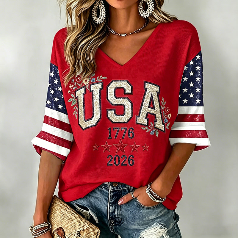 Women's Independence Day Art Three-quarter Sleeve V Neck Linen Tops