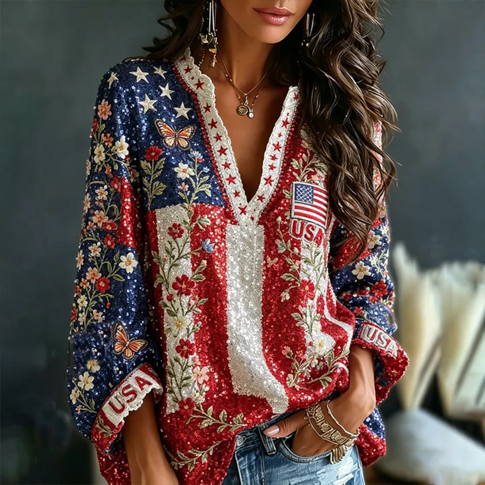 Vintage American Flag And Floral Art Sequin Casual V-neck Long Sleeve Top