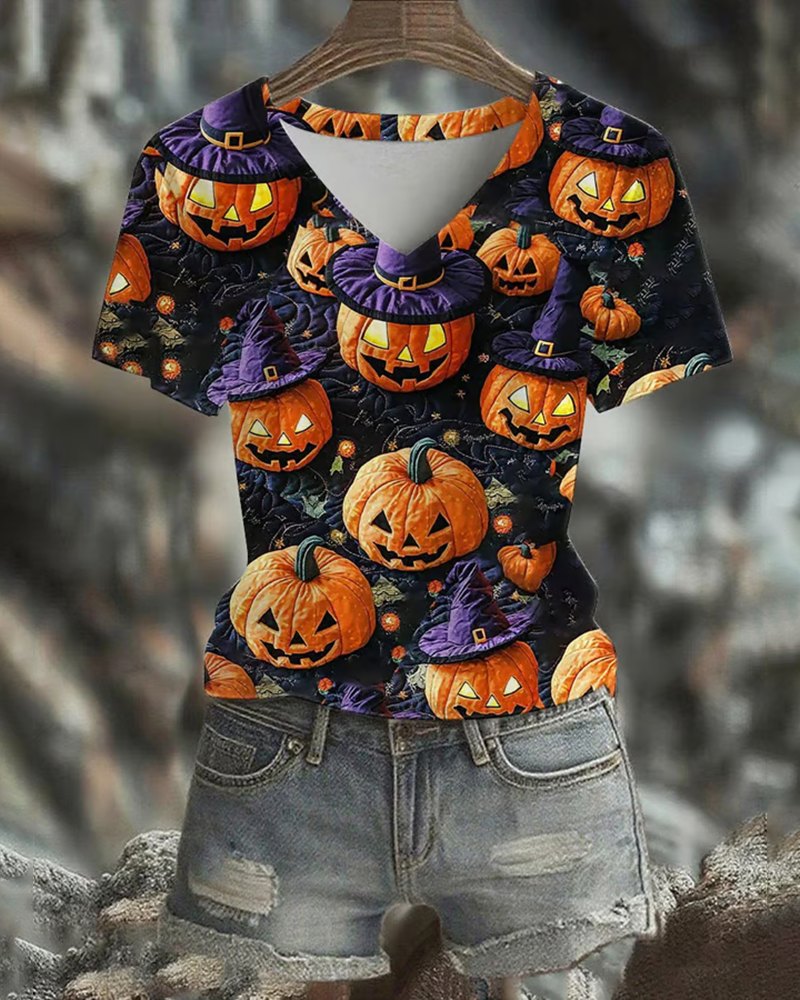 Women's Casual Halloween Pumpkin Print T-Shirt