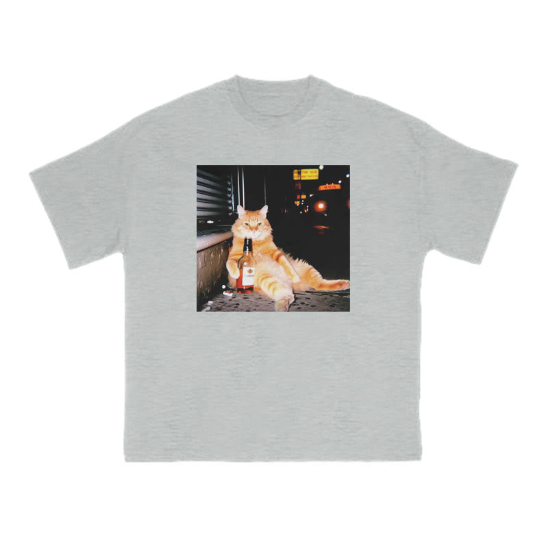 Orange Cat Sipping Beer Print T-shirt