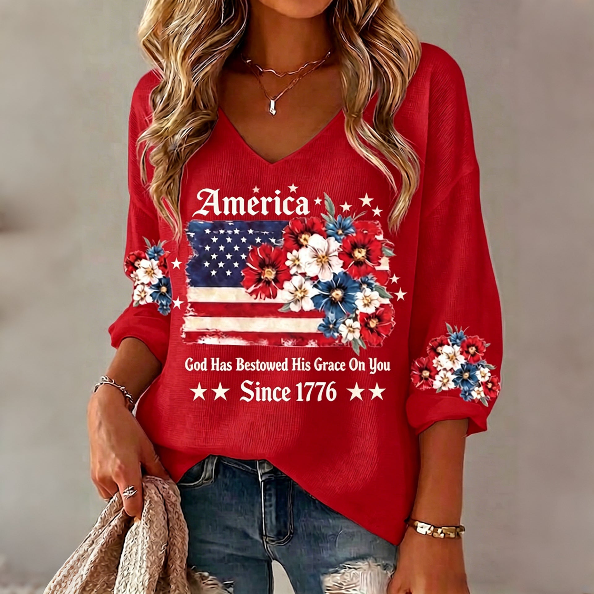 Women's Anniversary National Flag Floral Print Waffle Long Sleeve T-shirt
