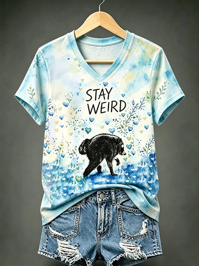 Women's Jimothy Raccoon Print V Neck T-shirt