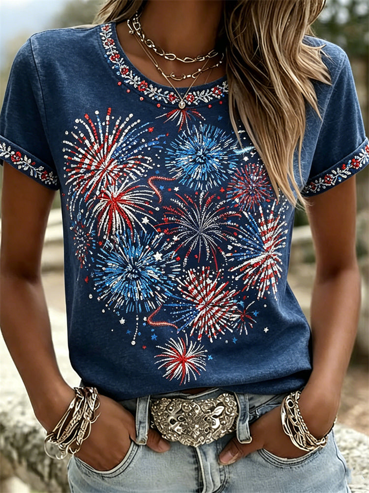 American 4th Of July Glitter Fireworks Washed T Shirt