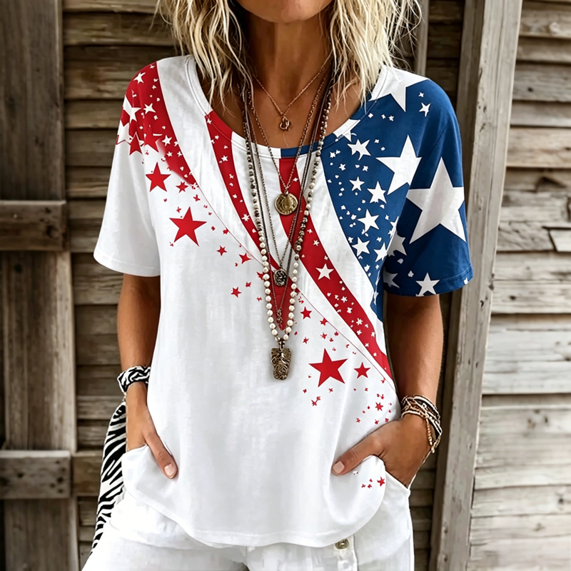 Women's Vintage Floral Flag Patchwork Art Print Tshirt