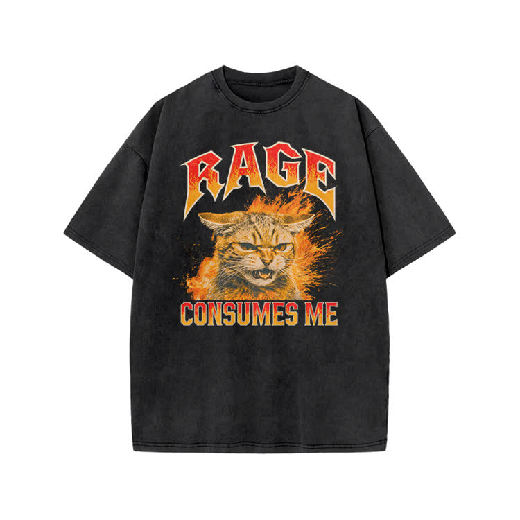 Vintage Rage Cat Graphic Print Acid Washed T-shirt