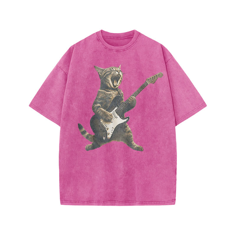 Unisex Rock Cat Playing Guitar Print Acid Washed T-shirt