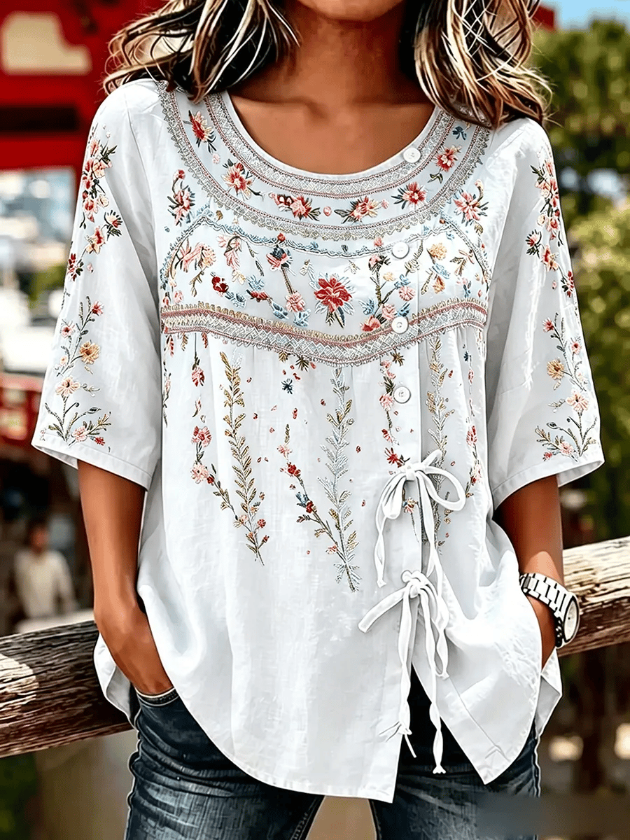 Women's  Retro Breast Cancer Floral Print Button Lace Up Tie Shirt