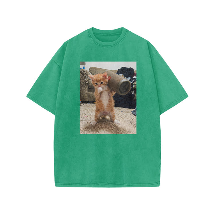 Playful Orange Cat Photo Graphic Print Acid Washed T-Shirt