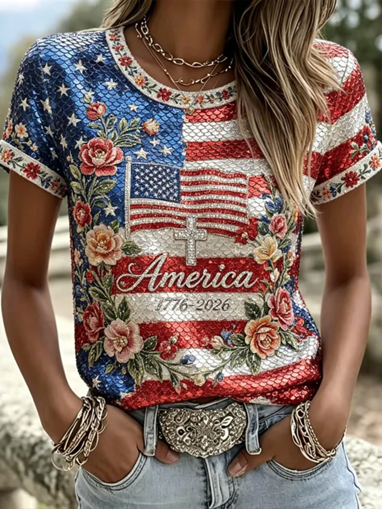 Women's Retro Distressed American Flag And Floral Sequin Art Cotton Linen Casual Crew Neck Short Sleeve Top
