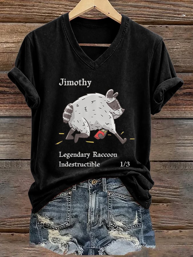 Women's Jimothy Legendary Raccoon Indestructible Print V Neck T-Shirt
