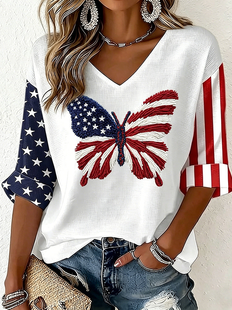 Women's  Butterfly Flag Art Three-quarter Sleeve V Neck Linen Tops