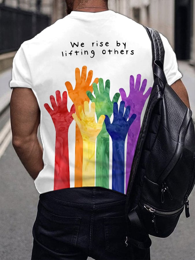 Men's We Rise By Lifting Others Heart Rainbow Print Short Sleeve T-Shirt
