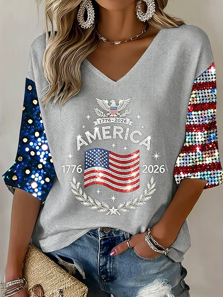 Women's Flag Art Three-quarter Sleeve V Neck Linen Tops