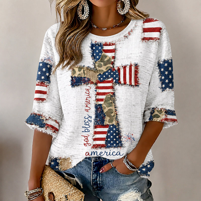 Women's  Flag In Faith Art Three-quarter Sleeve V Neck Linen Tops