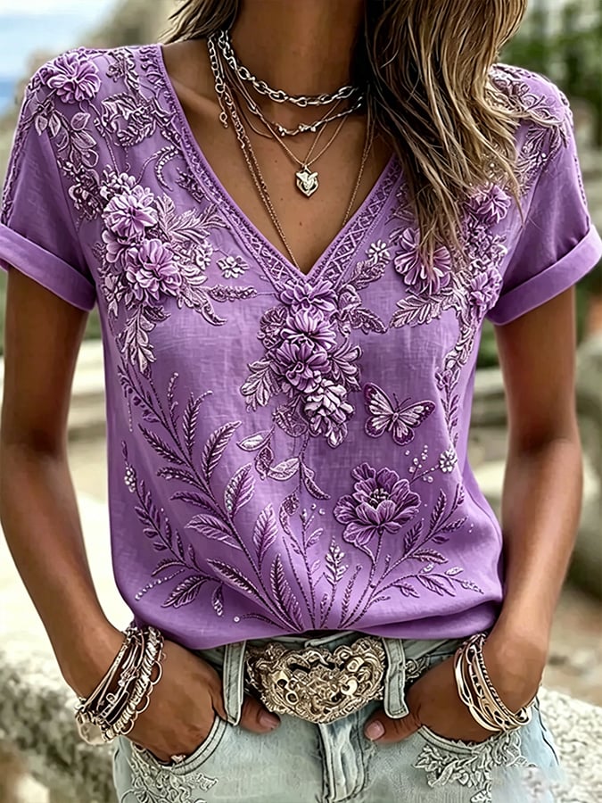 Women's  Pink And Purple Floral Cotton-Linen Print Top