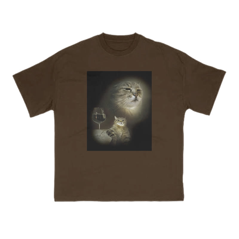 Unisex Cat And Wine Print T-shirt