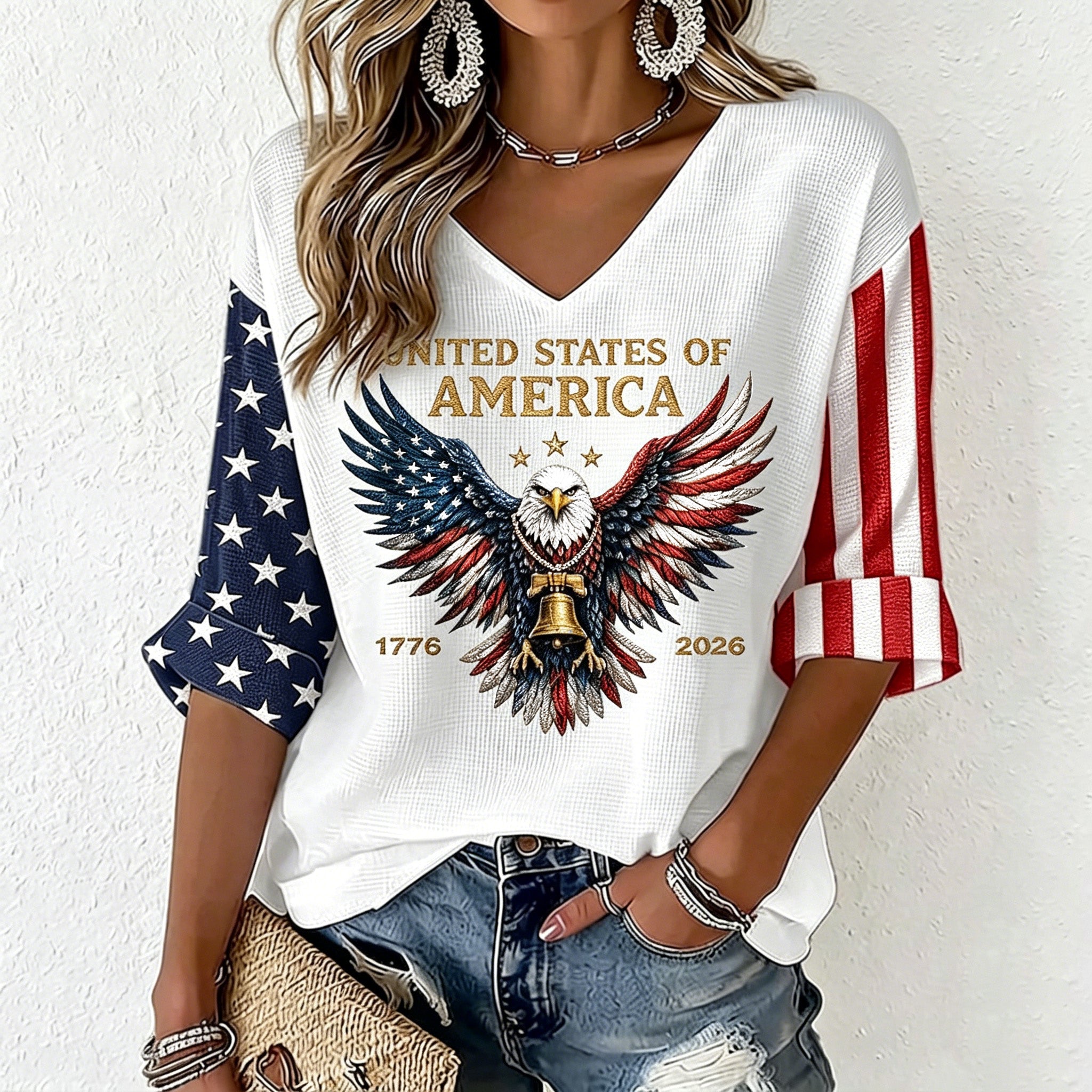 Women's Vintage Flag Art Three-quarter Sleeve V Neck Linen Tops