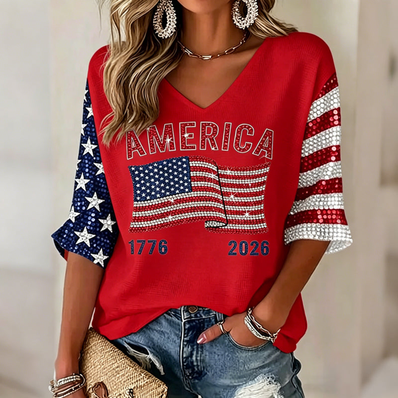 Women's Flag Art Three-quarter Sleeve V Neck Linen Tops