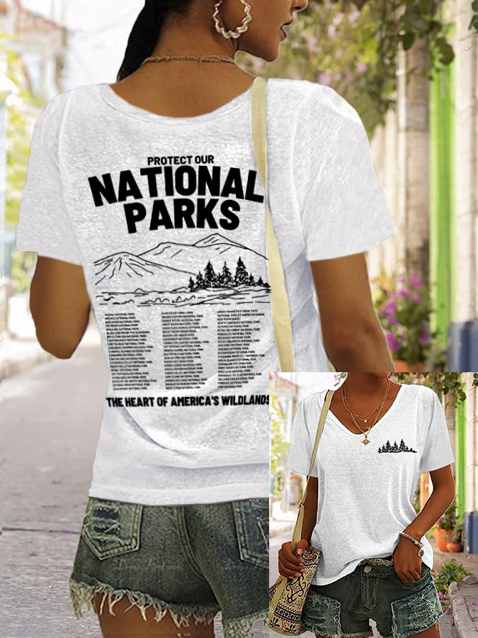 Women's Protect Our National Parks Print V Neck Casual T-Shirt