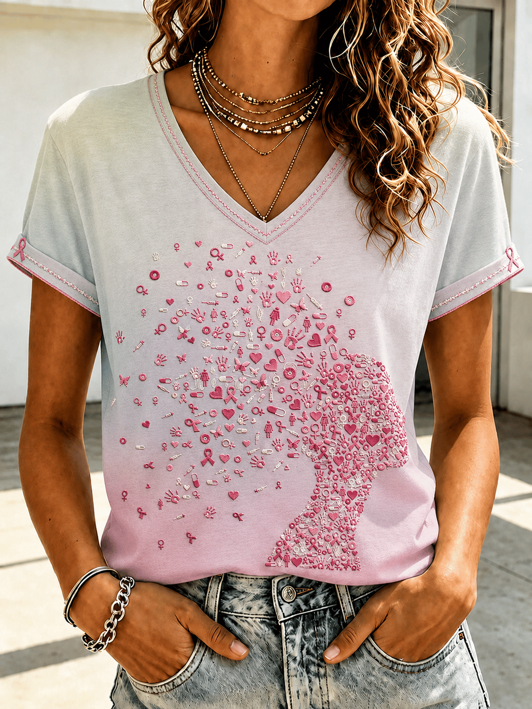 Women's Casual Retro  Floral Print Top (Breast Cancer Awareness)