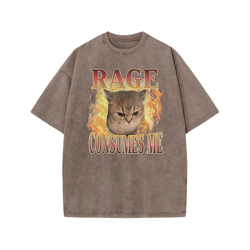 Rage Consumes Me Meme Cat Print Acid Washed T-shirt