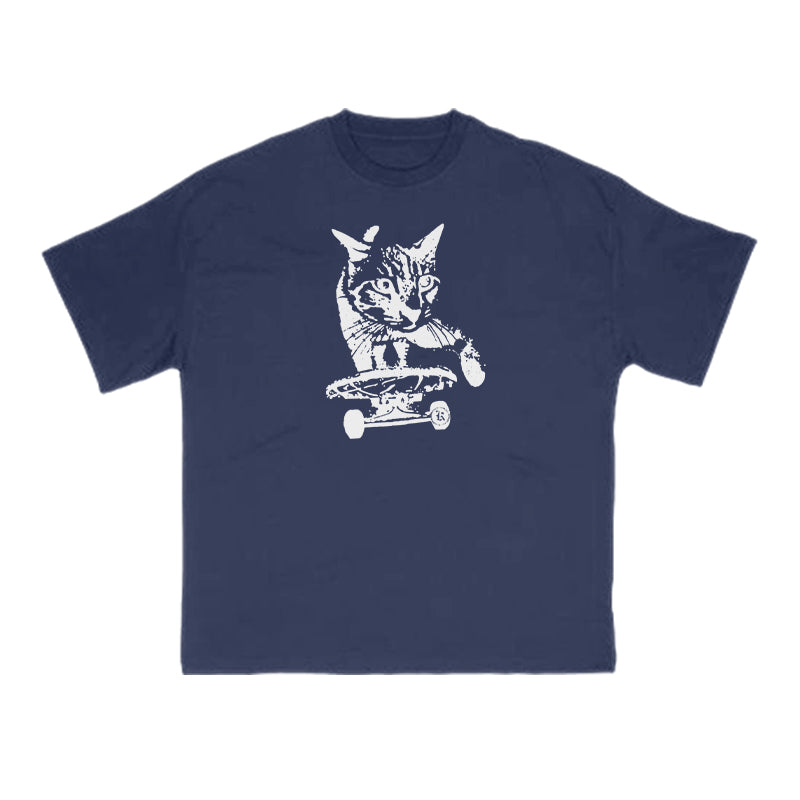 A Tabby Cat Skateboarding Print T-shirt