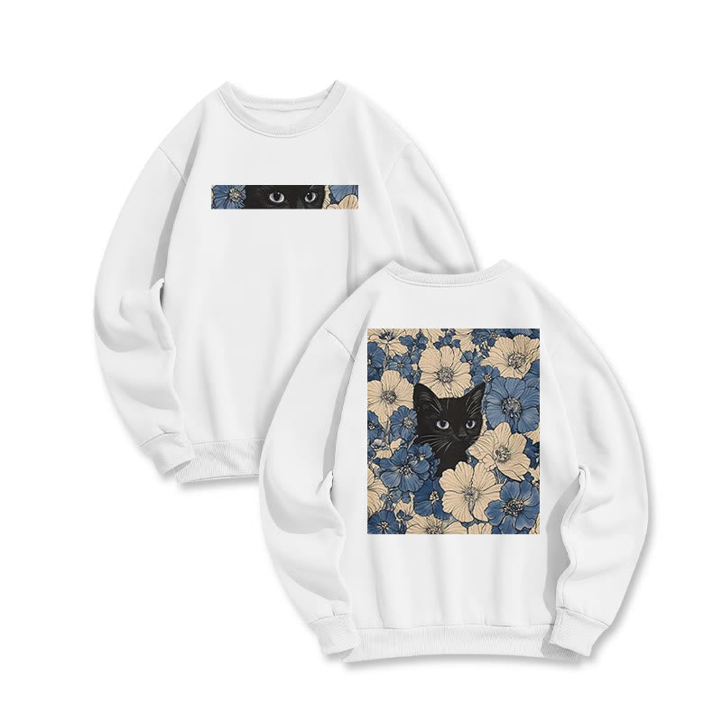 Black Cat In A Patchwork Flower Field Print Sweatshirt