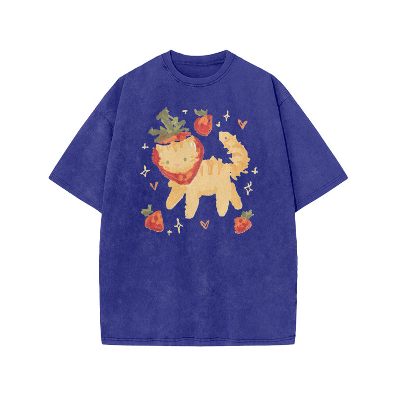 Cat Wearing A Strawberry Hood Print Acid Washed T-shirt