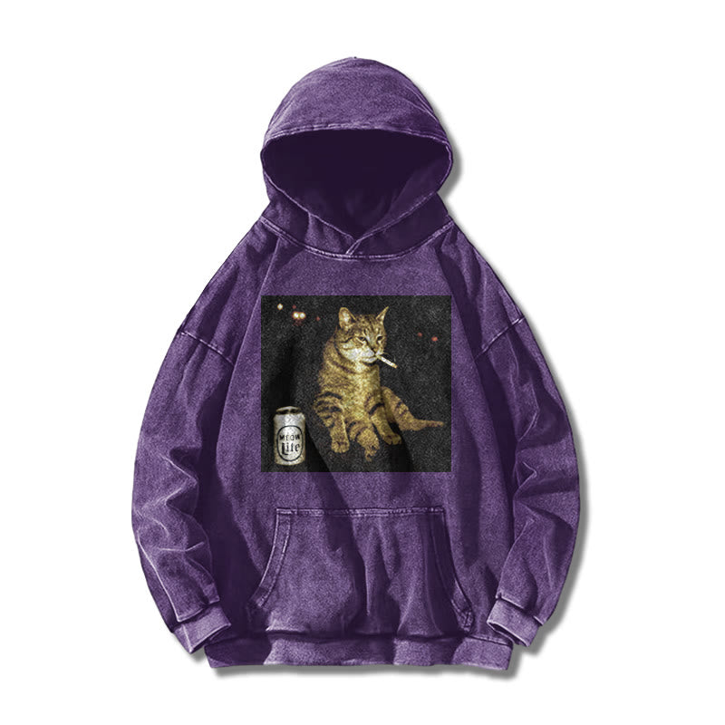 The Decadent Smoking Cat Meow Lite Beer Printed Washed Hoodie