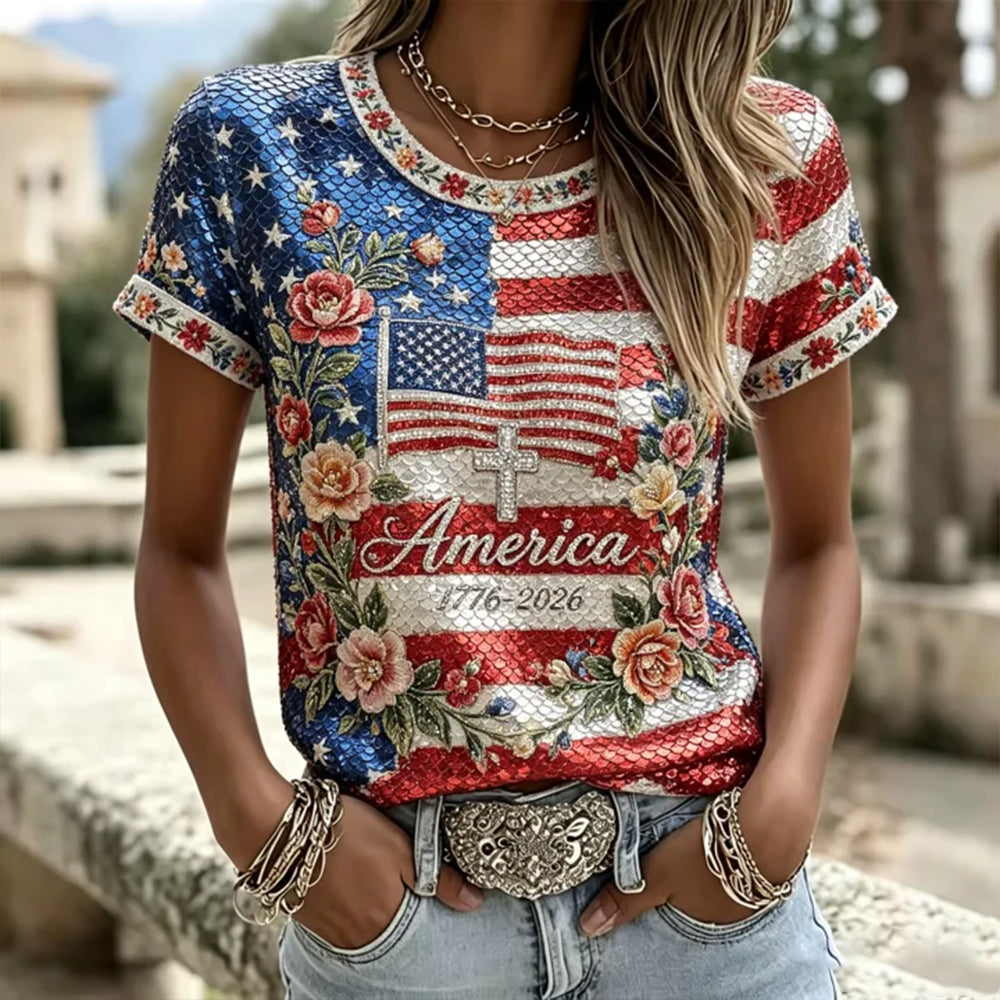 Women's Retro Distressed American Flag And Floral Sequin Art Cotton Linen Casual Crew Neck Short Sleeve Top