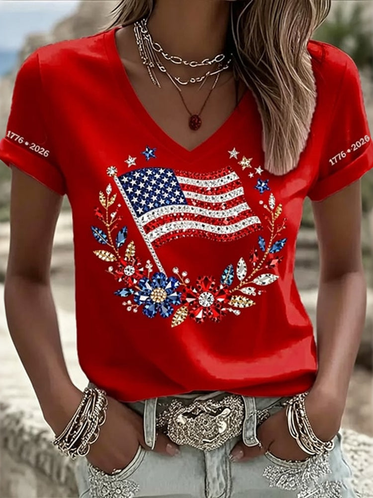 Women's Independence Day Flag Flower Art V-neck Short Sleeve T-shirt
