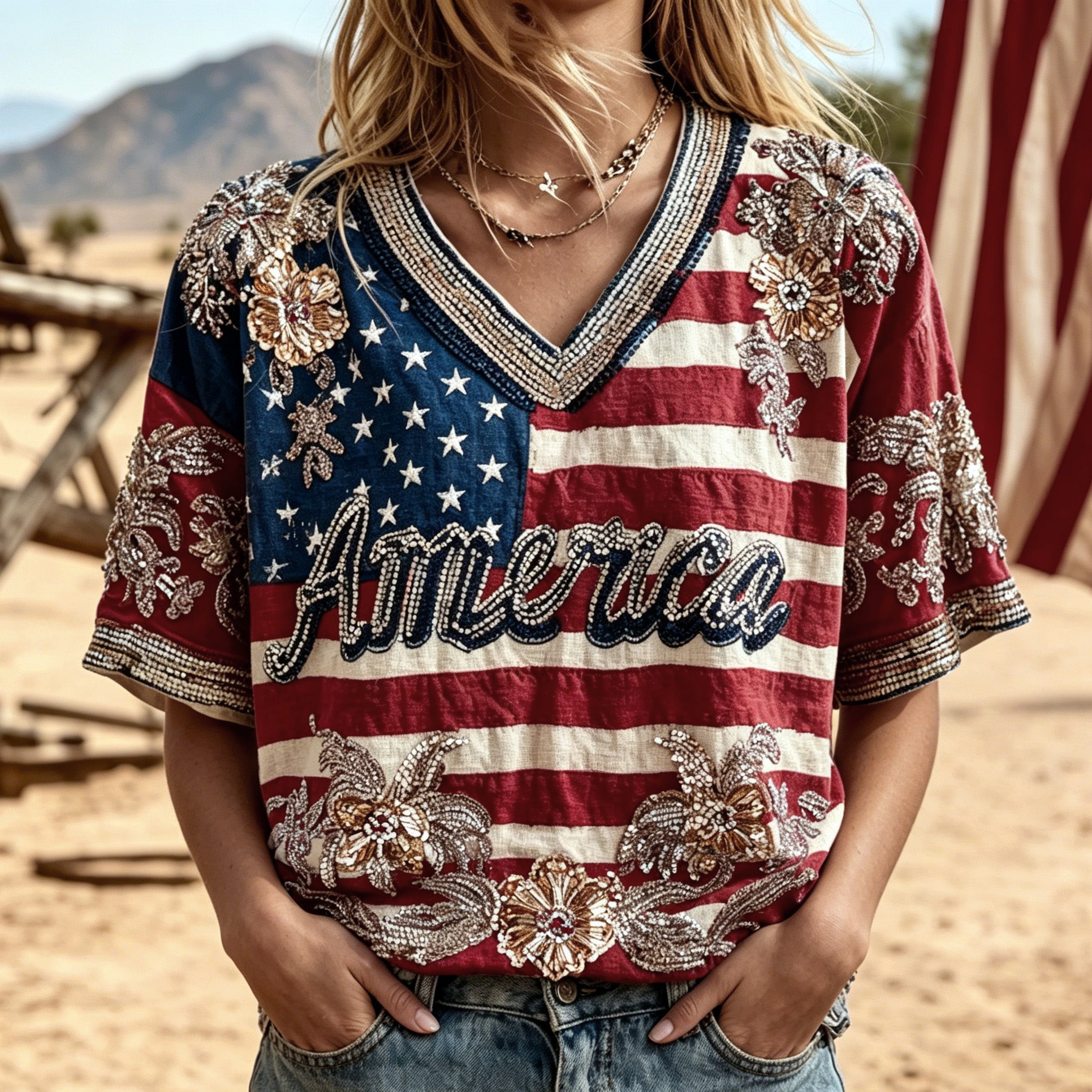 Women's Retro American Flag Floral Print Cotton Linen Comfortable V-neck T-shirt 1