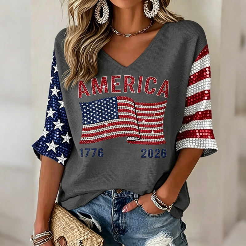 Women's Flag Art Three-quarter Sleeve V Neck Linen Tops
