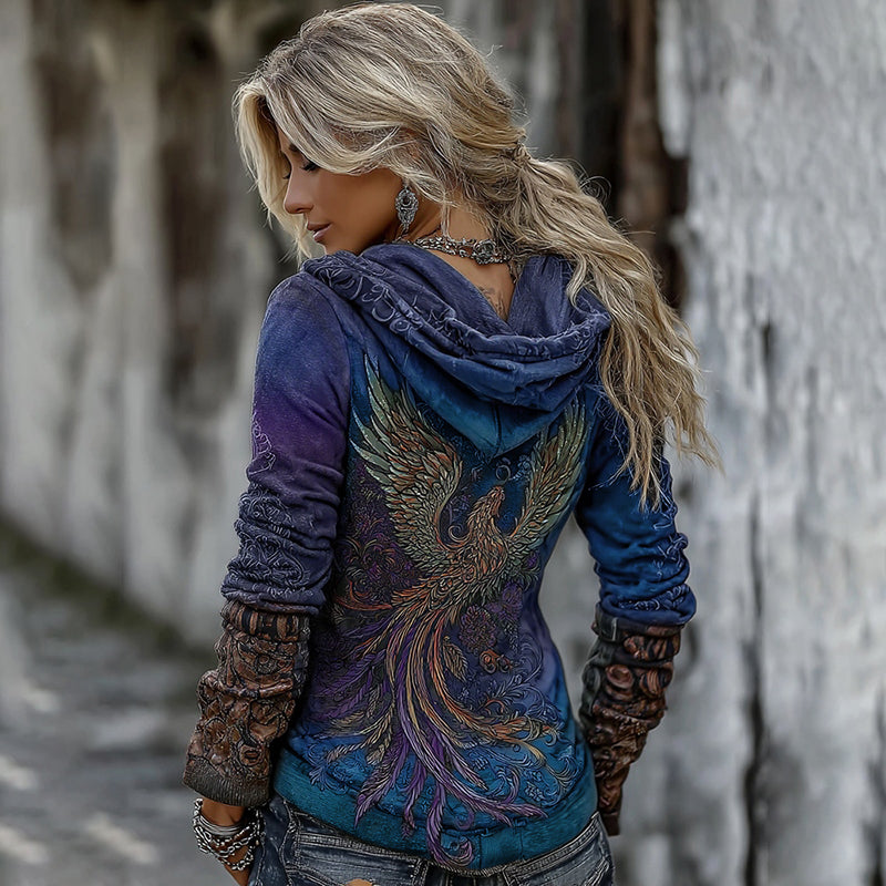 Women's Viking Mythology Phoenix Embroidery Comfortable Warm V-neck Hoodie