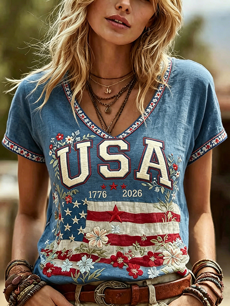 Women's Independence Day Flag Floral Boho Art Cotton Linen V Neck T-shirt