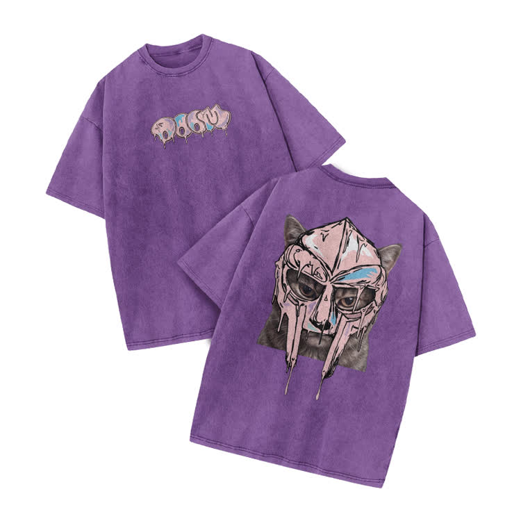 Washed Graffiti Cat Mask Graphic Print Acid Washed T-shirt