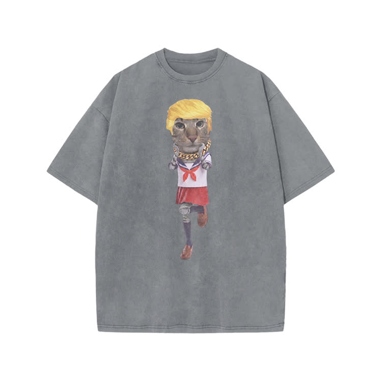 Playful Cartoon Cat Graphic Print Acid Washed T-shirt