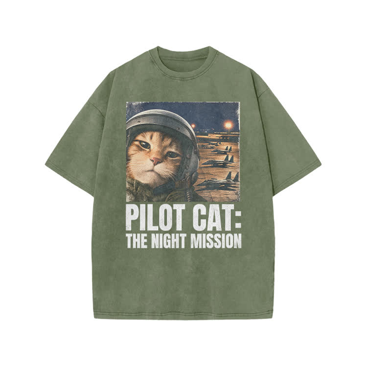 Retro Night Mission Pilot Cat Graphic Print Acid Washed T-shirt