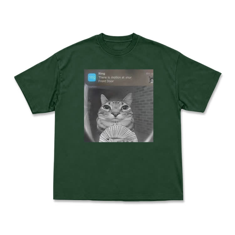 Casual Cat Doorbell Graphic Crew Neck T Shirt