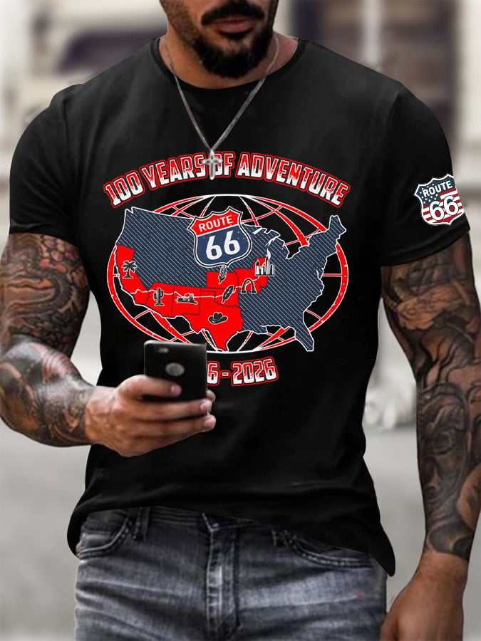 Men's Vintage USA Flag Road Trip Print Round Neck T-shirt