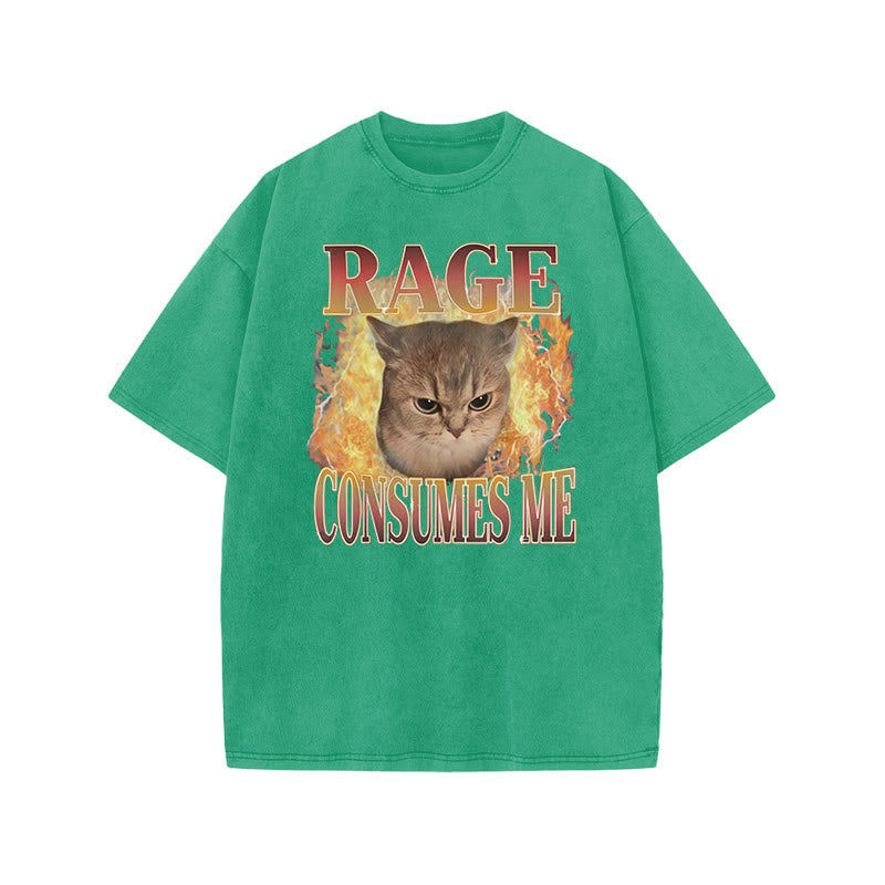 Rage Consumes Me Meme Cat Print Acid Washed T-shirt