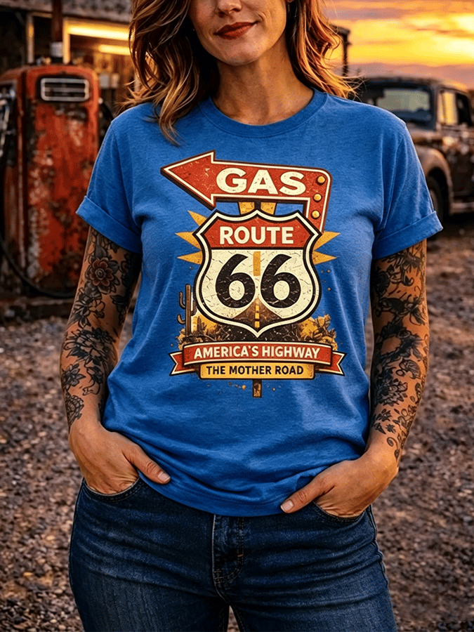 Women's Retro Short-Sleeve Cotton T-Shirt - Route 66, The Mother Road