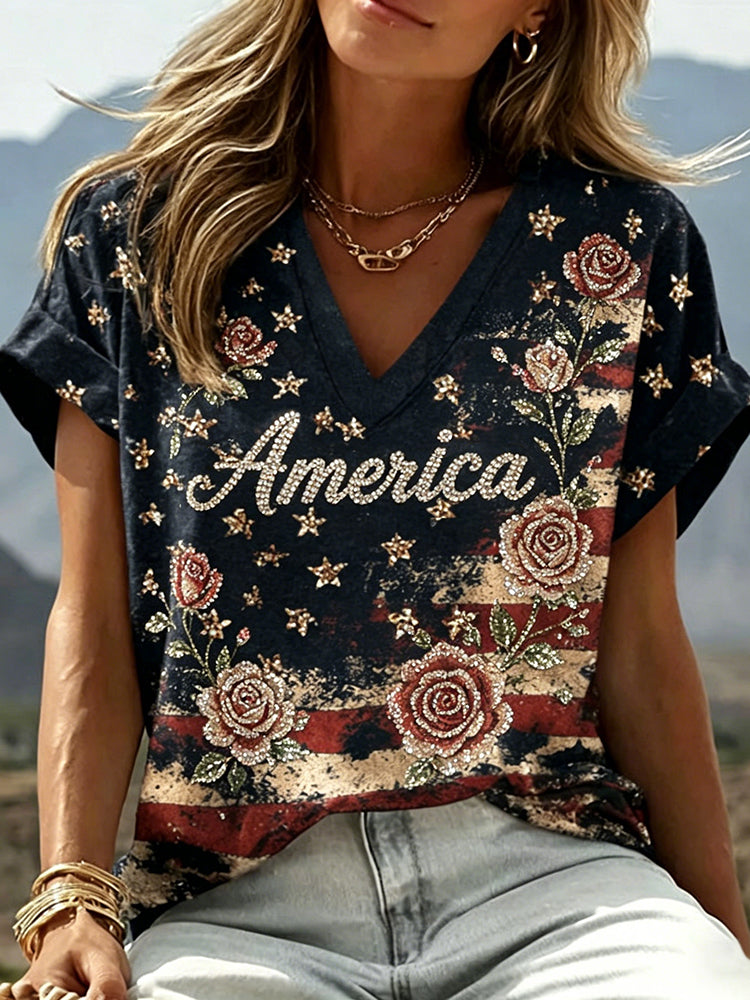 Women's Retro Independence Day Flag Floral Rhinestone Embroidered T-shirt
