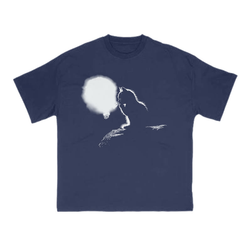 Smoking Cat Full Moon Silhouette Print T-shirt